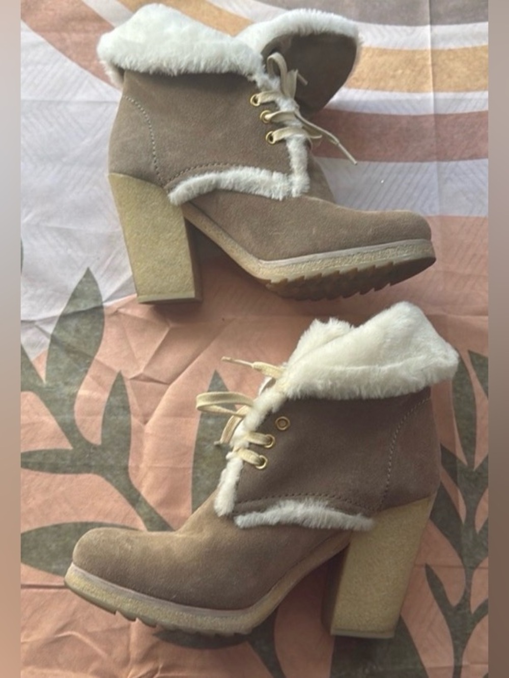 Prada Tan Suede Wedged Heeled Laced Booties Fur Lined